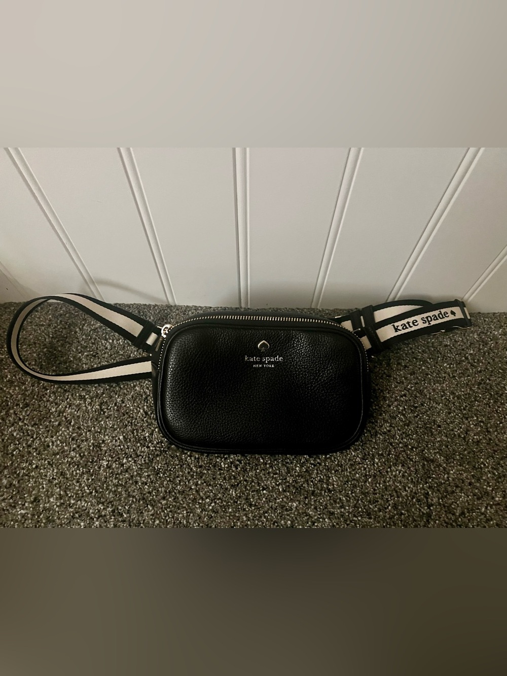 kate spade Black Pebbled Leather Crossbody Belt Bag with White-Trim Strap